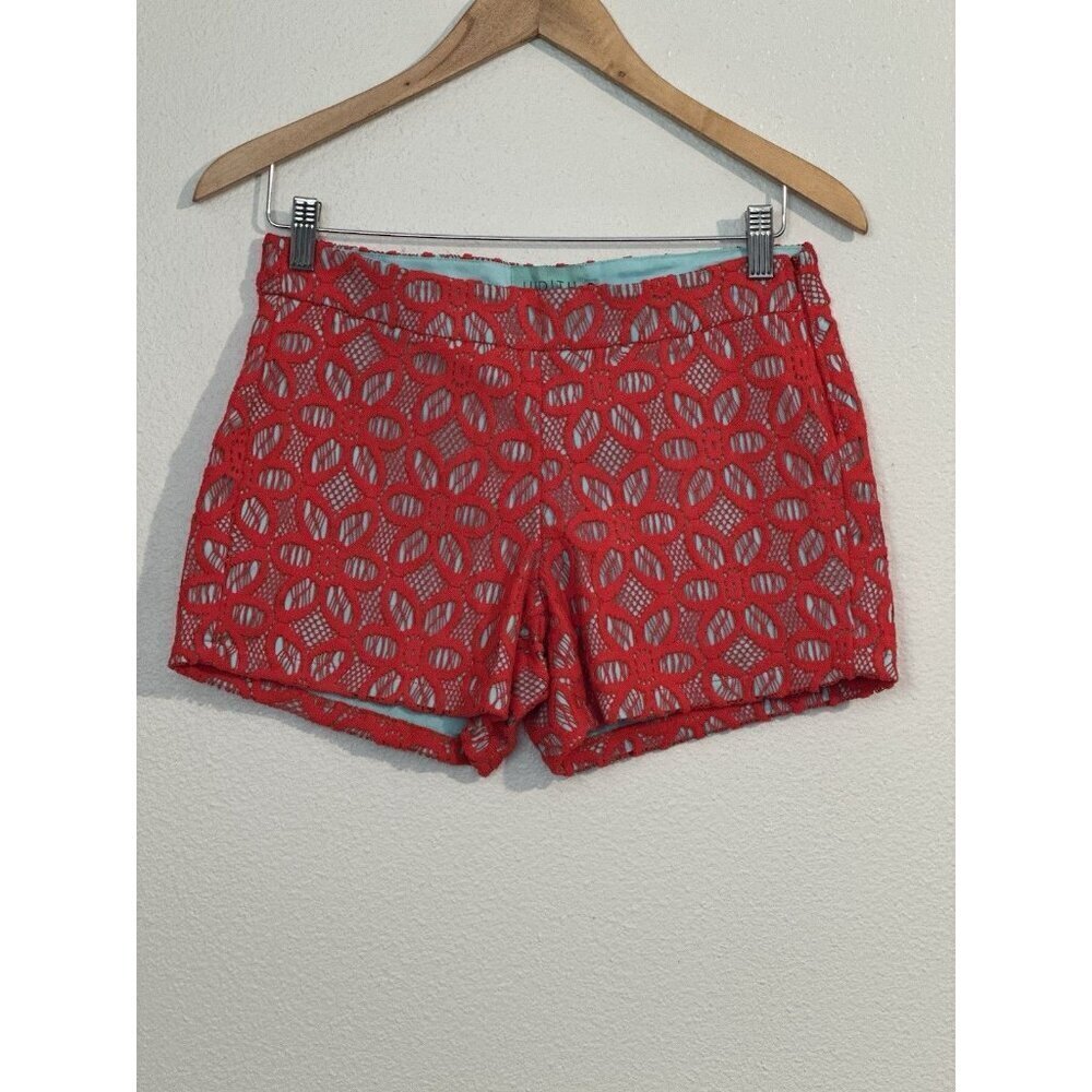 Judith‎ March Women Red Floral Lace Overlay Teal Flat Front Chino 3.5” Shorts S